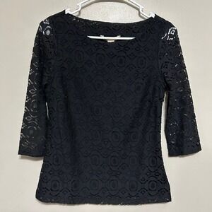 Banana Republic Lace Blouse 0 Black 3/4 Sleeve Side Zip Floral Gothic Romance